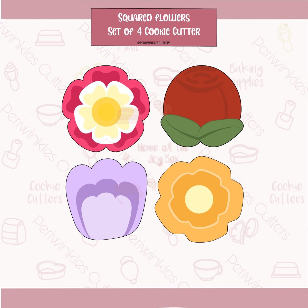 Squared Flowers Set of 4 Mini Cookie Cutter - Periwinkles Cutters Cookie Cutter