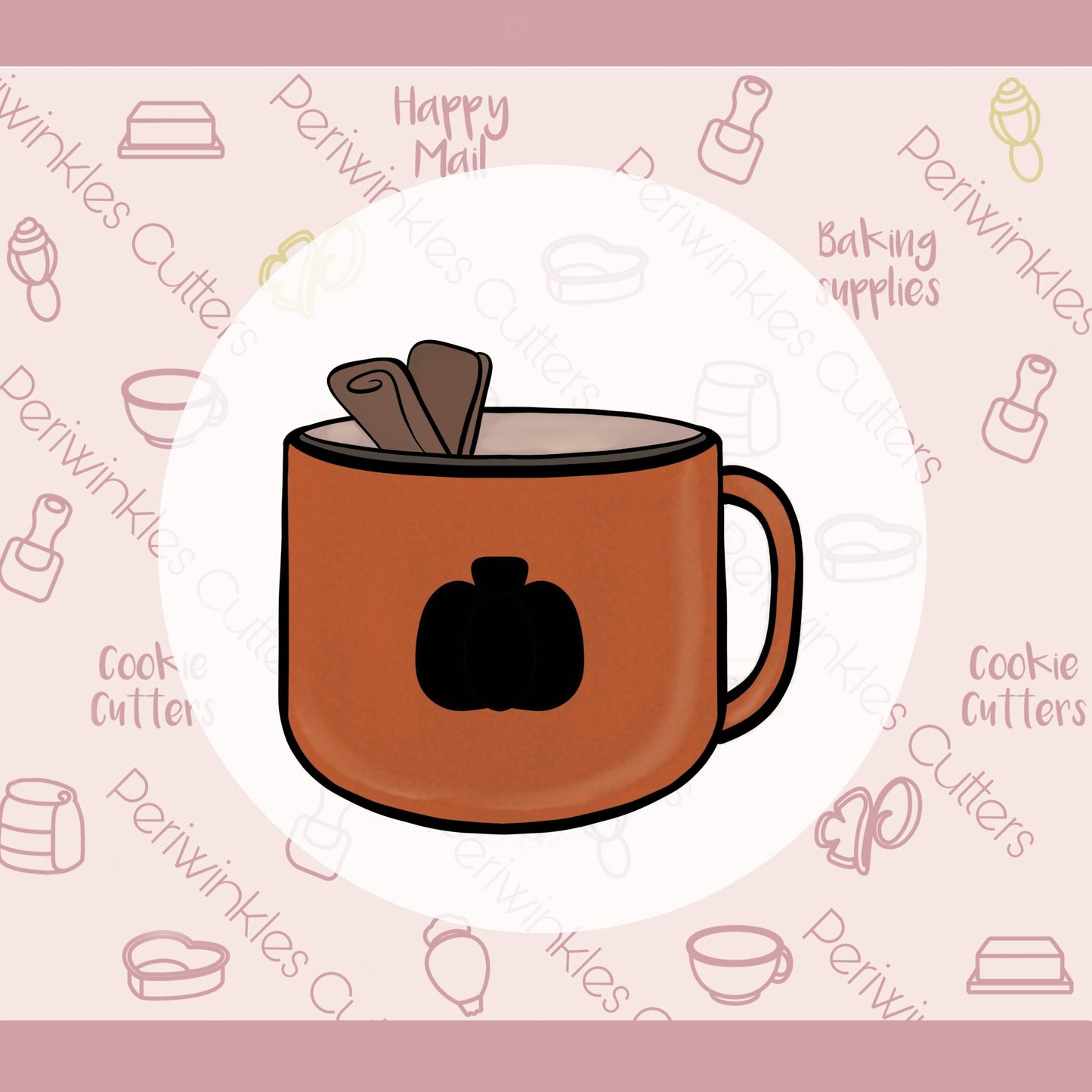 Enamel Mug with Cinnamon Sticks and Cut out Pumpkin Cookie Cutter - Periwinkles Cutters