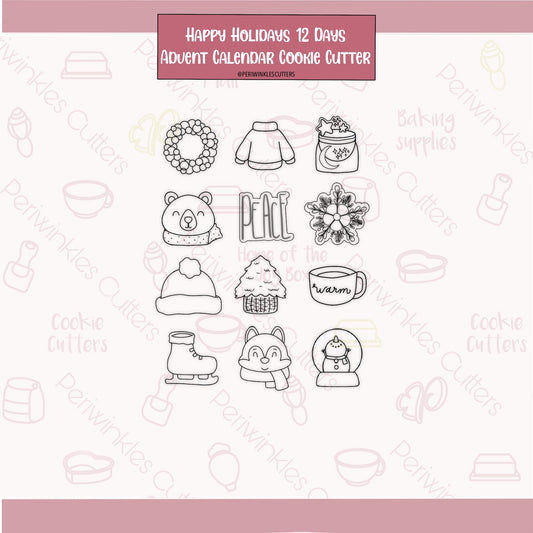 Happy Holidays 12 Mini Advent Calendar Cookie Cutters - Periwinkles Cutters