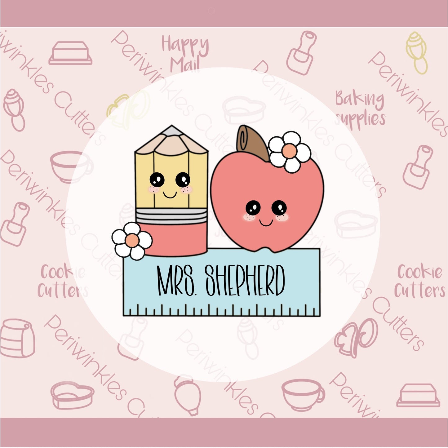 Pencil Apple Ruler Daisies Plaque Cookie Cutter - Periwinkles Cutters