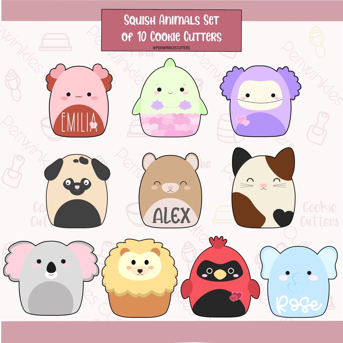 Squish Animals Set of 10 Cookie Cutter - Periwinkles Cutters Cookie Cutter