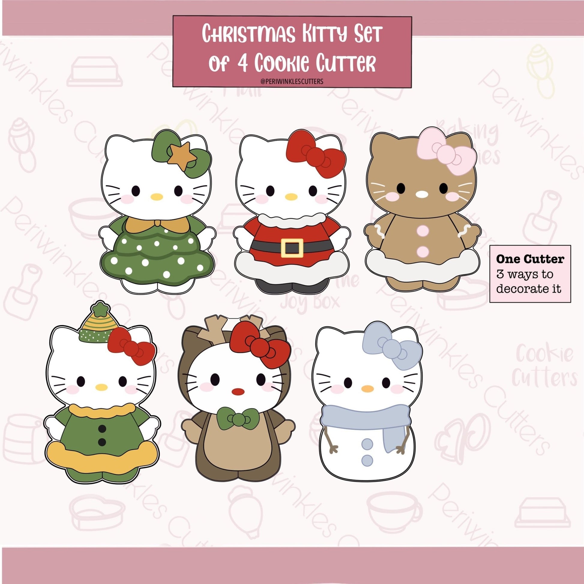 Hello Christmas Kitty Set of 4 Cookie Cutter - Periwinkles Cutters Cookie Cutter