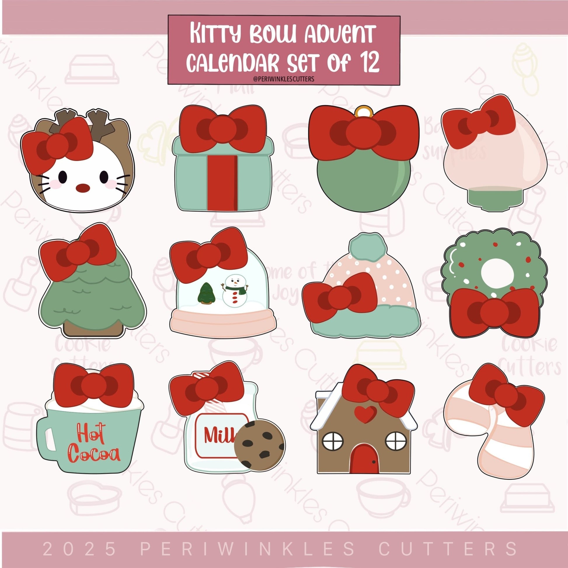 Kitty Bow Advent Set of 12 Cookie Cutter - Periwinkles Cutters Cookie Cutter