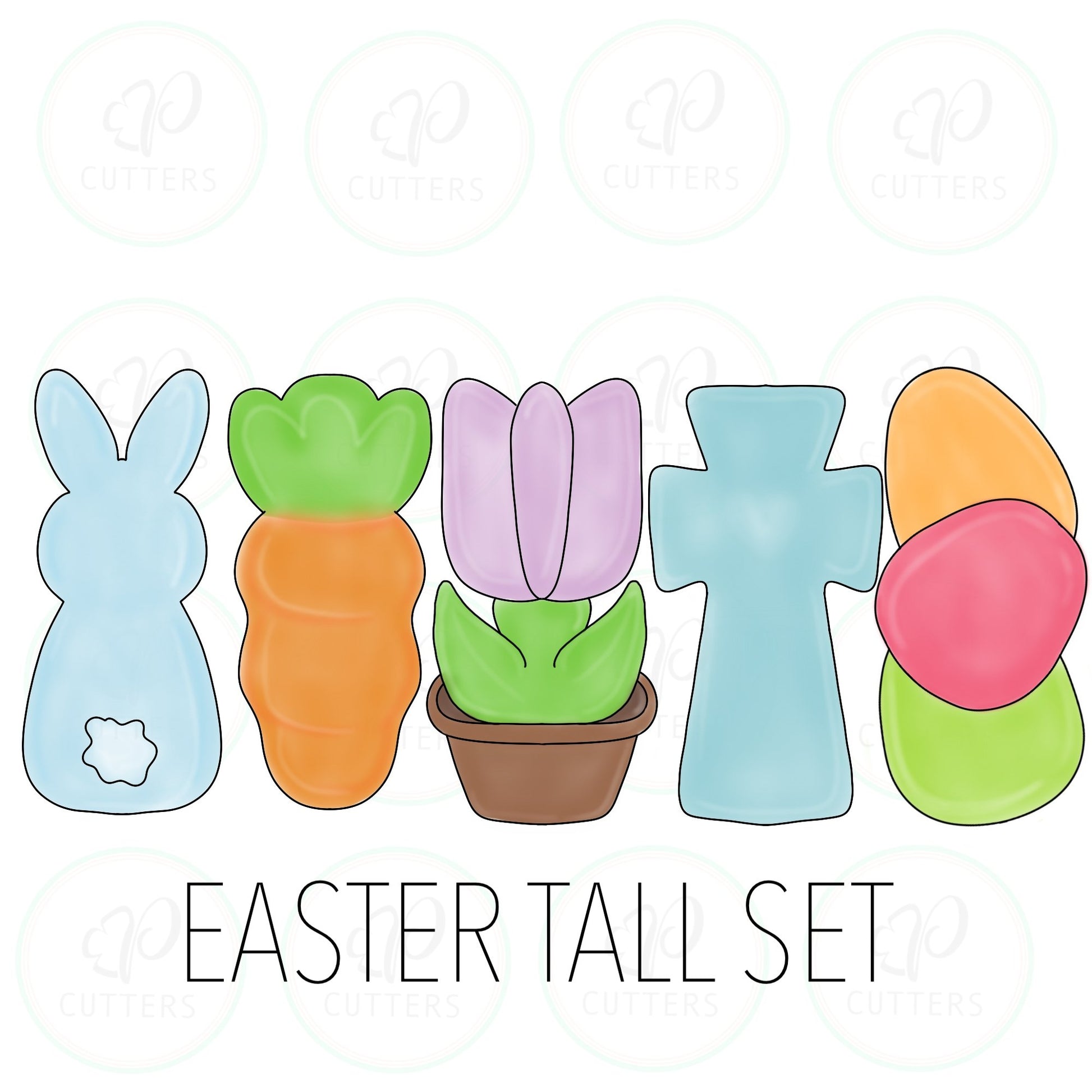 Easter Tall Cookie Cutter - Set of 5 - Bunny-Carrot-Tulip-Cross-Eggs - Periwinkles Cutters