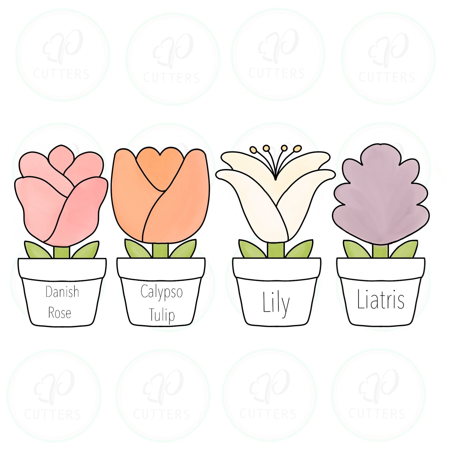 Flowers in a Pot Cookie Cutter Set B - Danish Rose - Tulip Calypso - Lilly - Liatris - Periwinkles Cutters
