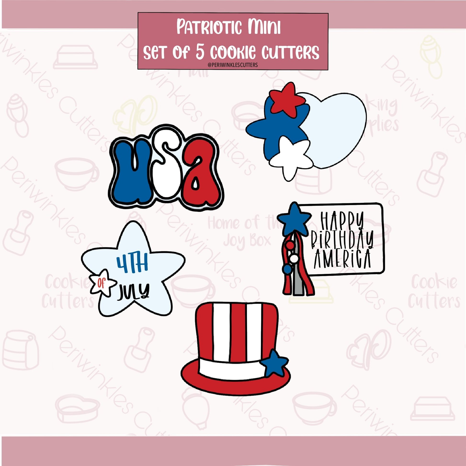 Patriotic Mini Set of 5 Cookie Cutter - Periwinkles Cutters