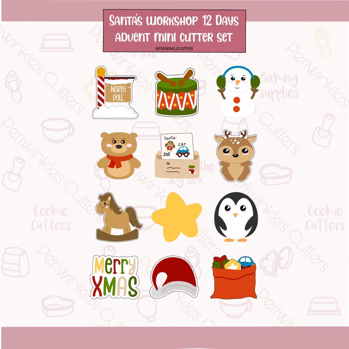 Santa’s Workshop 12 Mini Advent Calendar Cookie Cutter Set - Periwinkles Cutters Cookie Cutter
