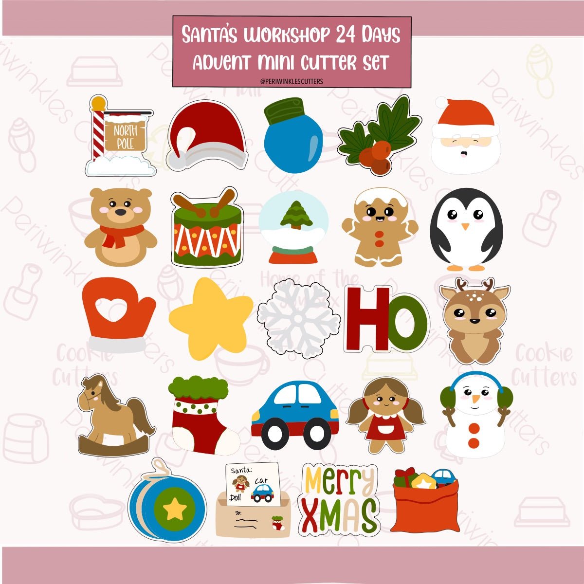 Santa’s Workshop 24 Mini Advent Calendar Cookie Cutter Set - Periwinkles Cutters Cookie Cutter