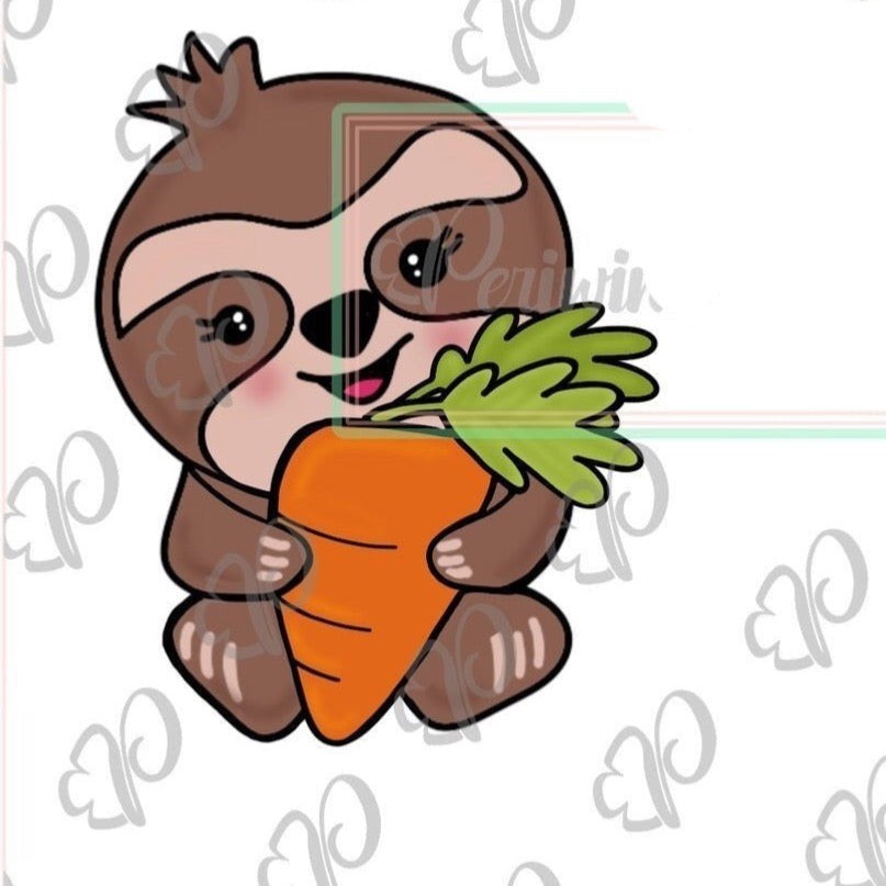 Whimsy Sloth holding a Carrot Cookie Cutter - Periwinkles Cutters